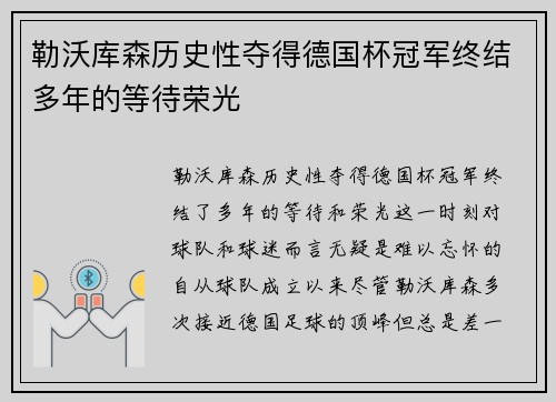 勒沃库森历史性夺得德国杯冠军终结多年的等待荣光